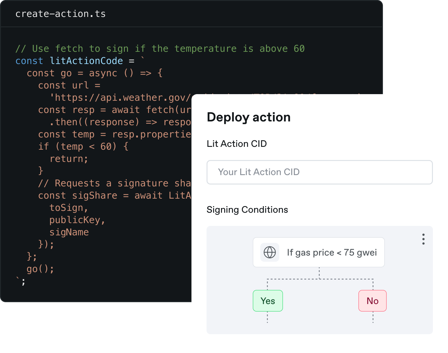 Lit Actions modal for setting up a new action and its signing conditions